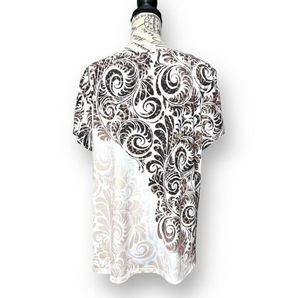 Chico's Zenergy 3 XL Brown White Scroll Top Beaded Stretch Knit Boho Blouse NWT - Picture 6 of 10